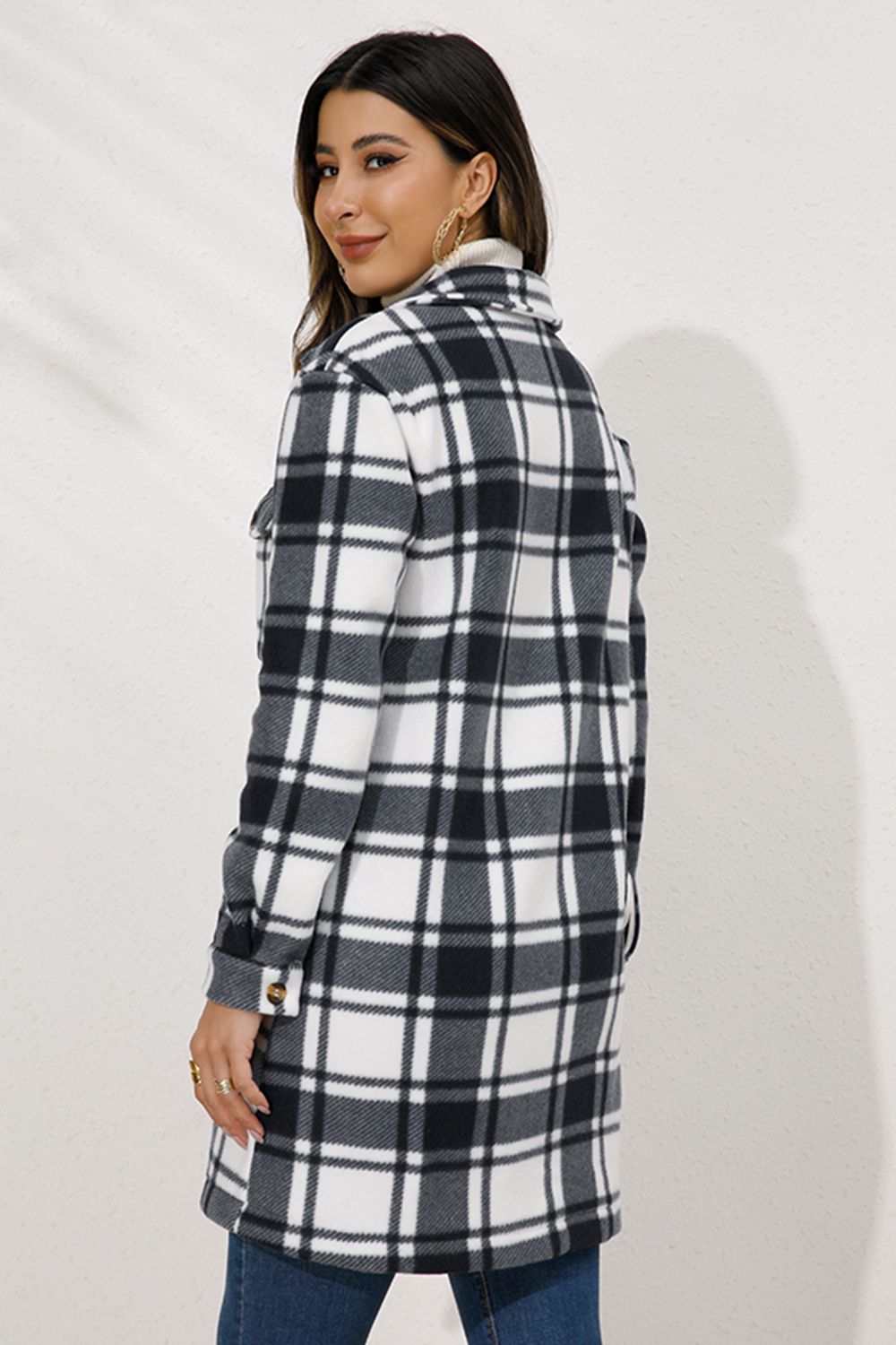 Shiny Plaid Collared Longline Coat - Shimmervee