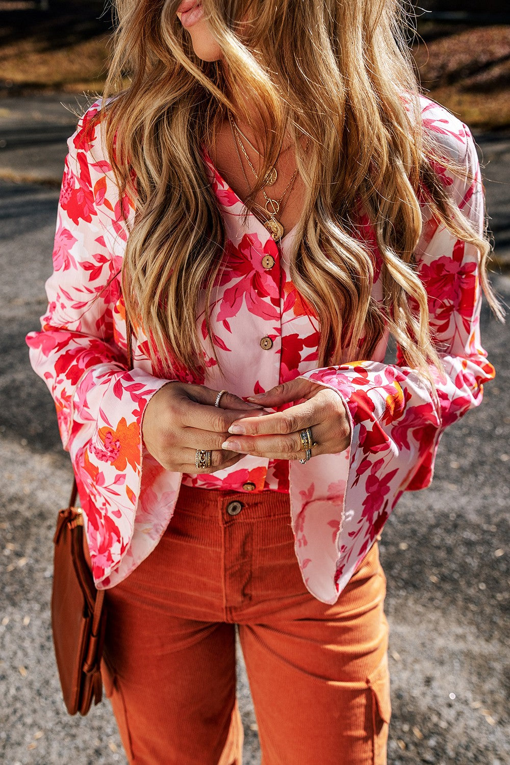 Floral Flare Sleeve Button Up V-Neck Bodysuit - Shimmervee