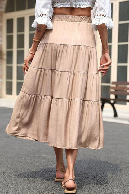 Perfee Elastic Waist Tiered Midi Skirt - Shimmervee