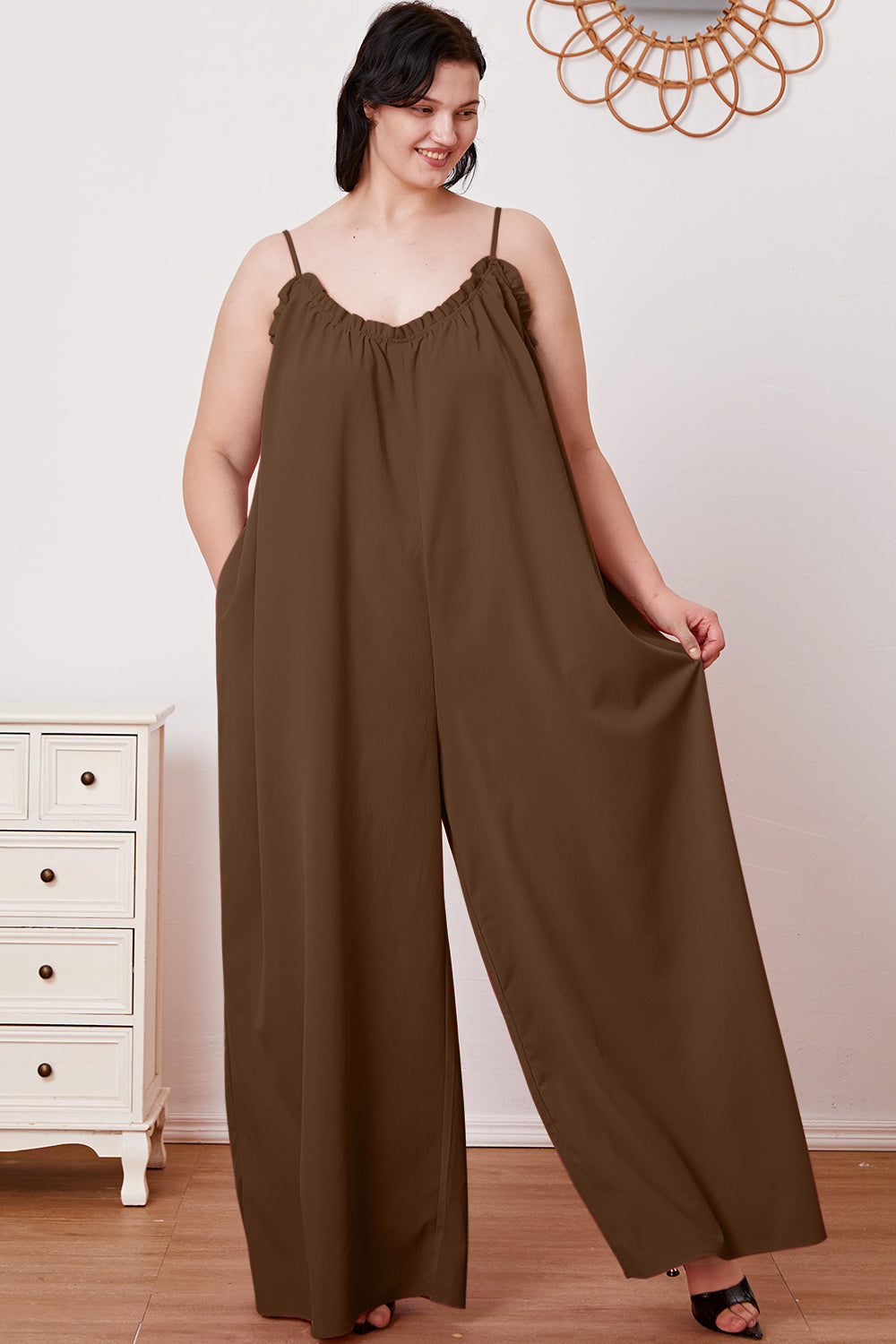 Double Take Full Size Ruffle Trim Tie Back Cami Jumpsuit with Pockets - Shimmervee