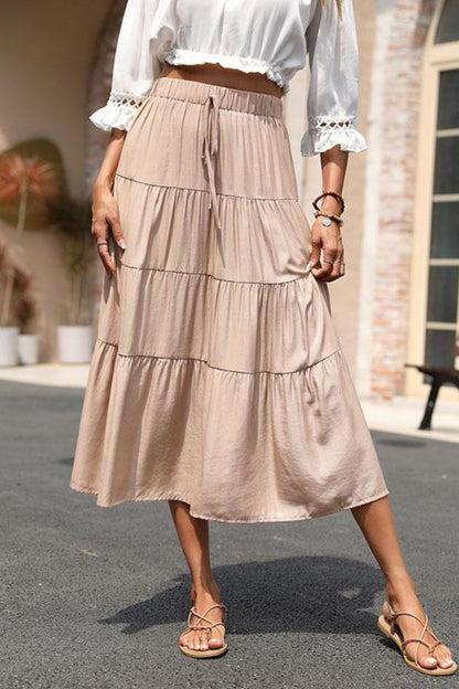 Perfee Elastic Waist Tiered Midi Skirt - Shimmervee