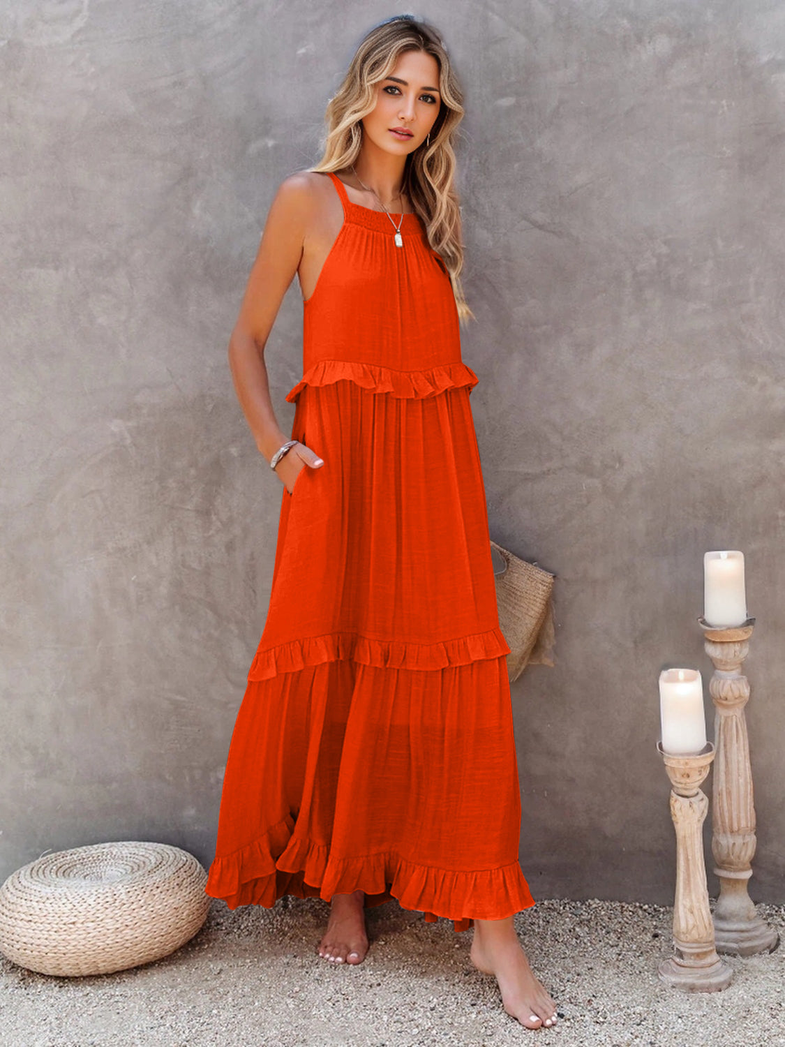 Ruffled Sleeveless Tiered Maxi Dress with Pockets - Shimmervee