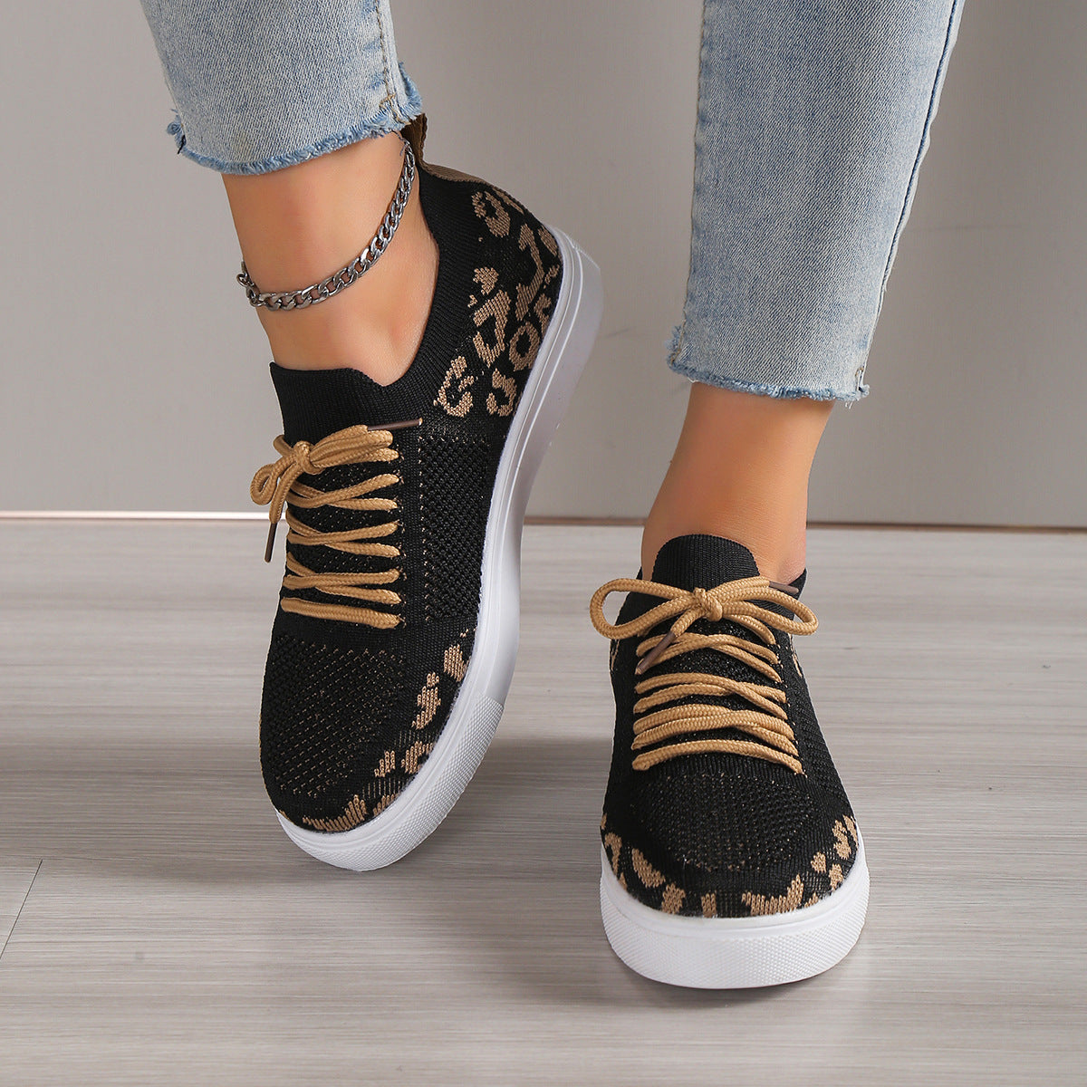 Lace-Up Leopard Flat Sneakers - Shimmervee