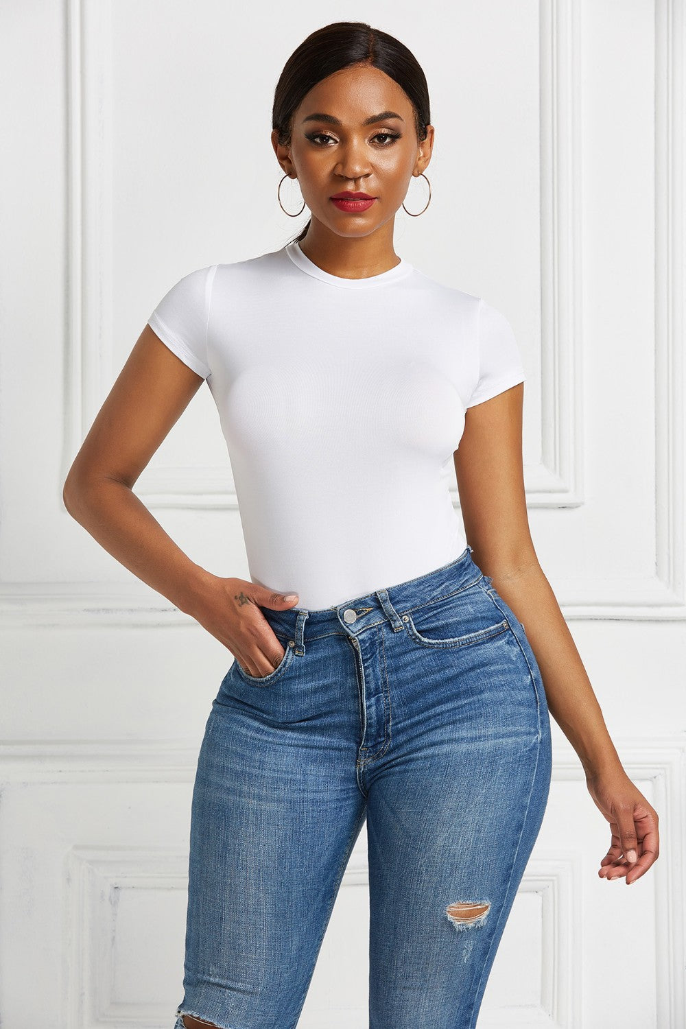 Round Neck Short Sleeve Bodysuit - Shimmervee