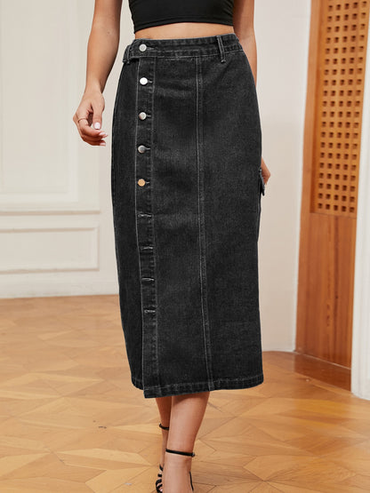 Button Down Midi Denim Skirt - Shimmervee