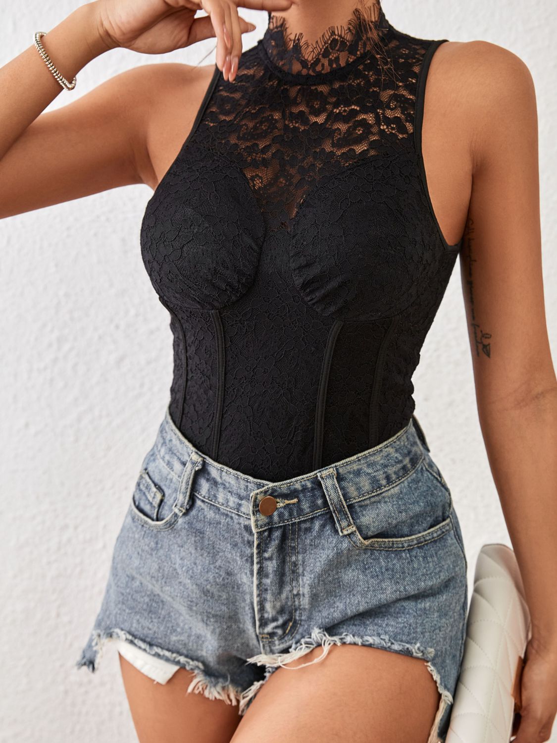 Perfee Mock Neck Sleeveless Lace Bodysuit - Shimmervee