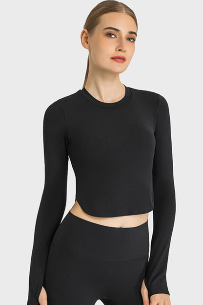 Millennia Side Slit Long Sleeve Round Neck Crop Top