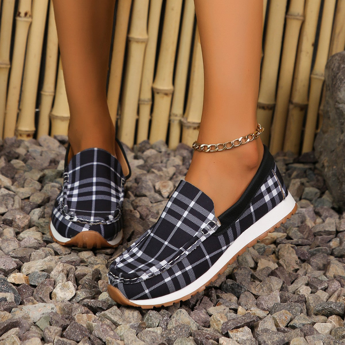 Plaid Round Toe Slip-Ons - Shimmervee