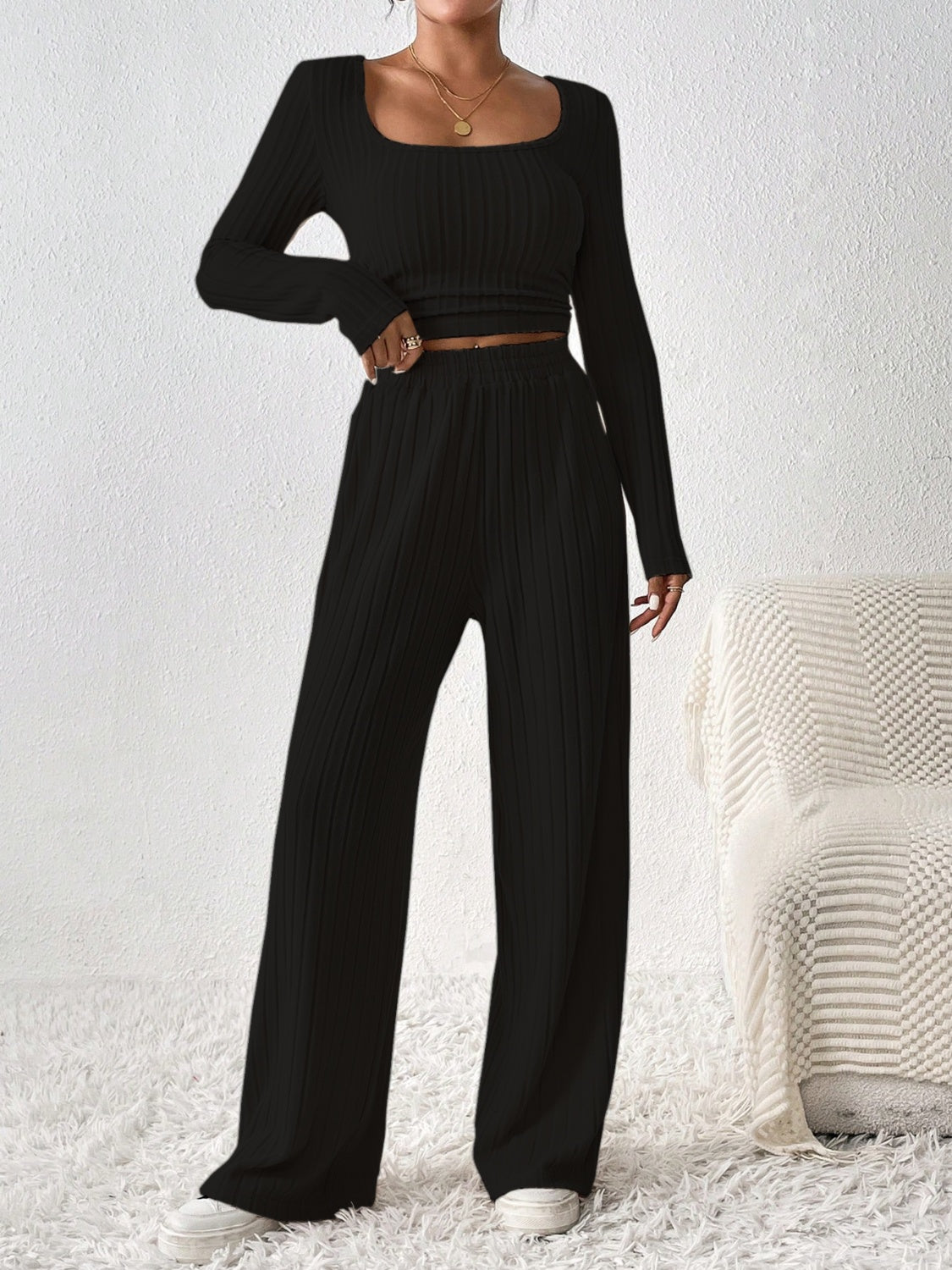 Honey Scoop Neck Long Sleeve Top and Pants Set - Shimmervee