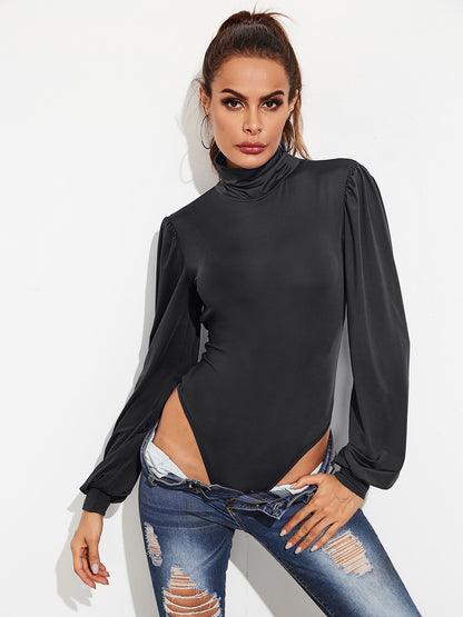 Backless Tie-Waist Turtleneck Lantern Sleeve Bodysuit