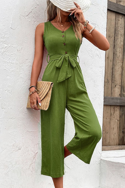 Shiny Tie Belt Sleeveless Jumpsuit with Pockets