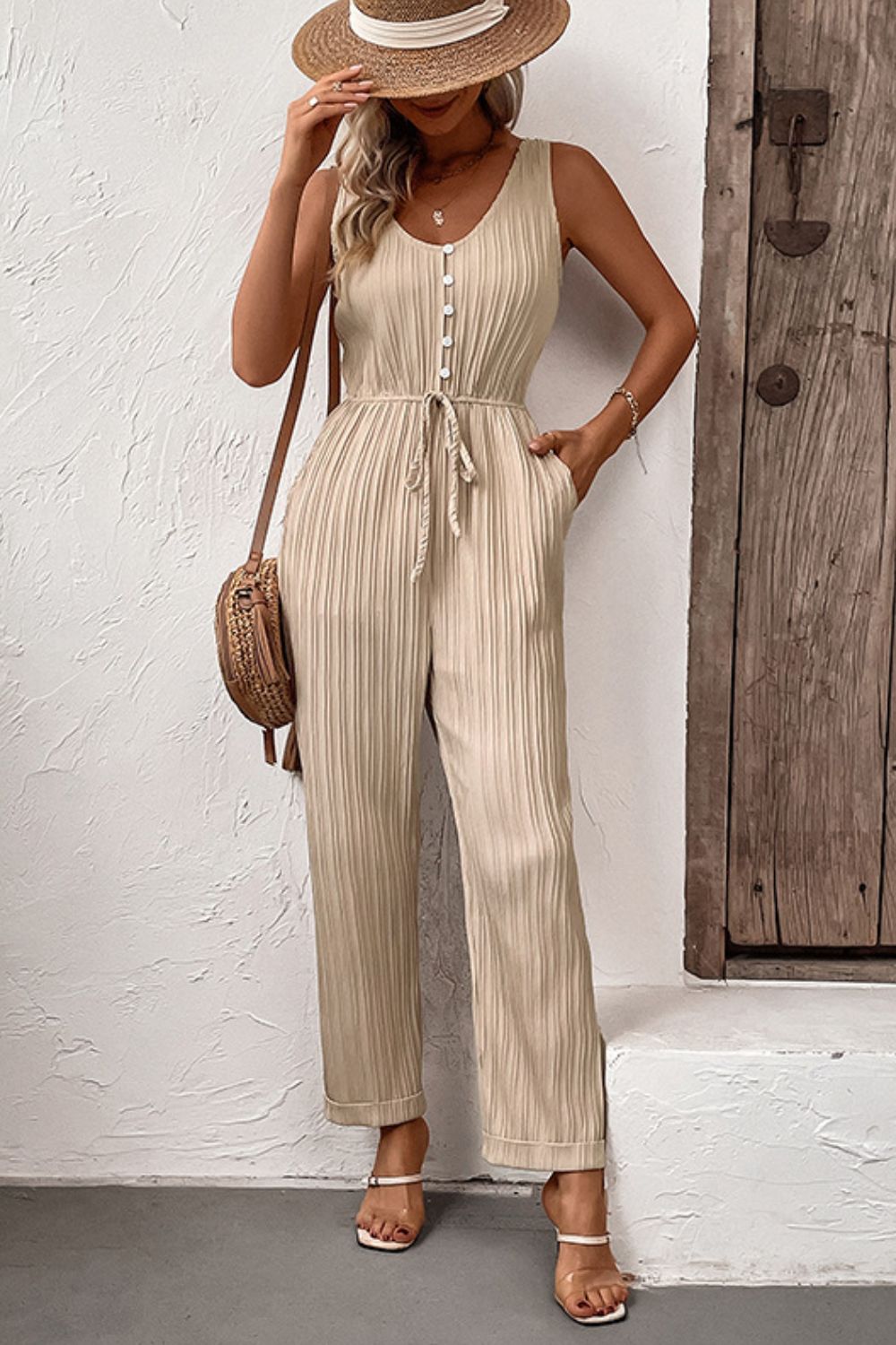 Perfee Textured Sleeveless Jumpsuit with Pockets - Shimmervee