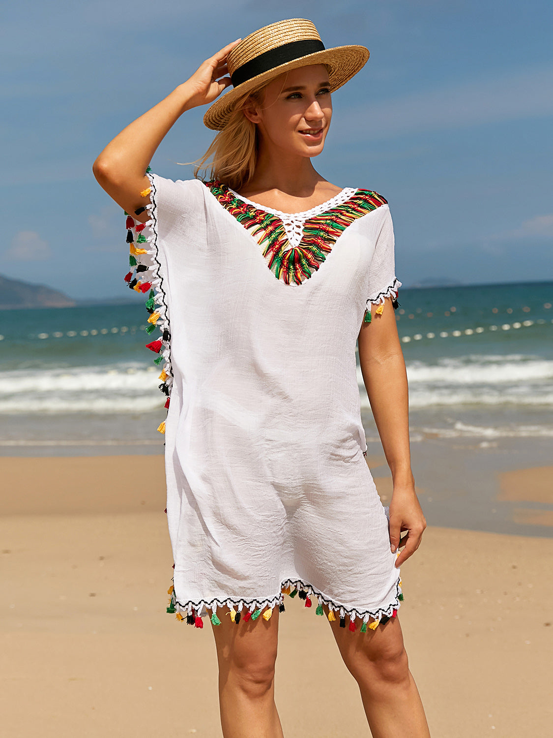 Tassel V-Neck Short Sleeve Cover Up - Shimmervee