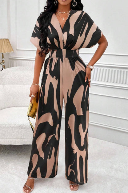 Printed V-Neck Short Sleeve Wide Leg Jumpsuit - Shimmervee