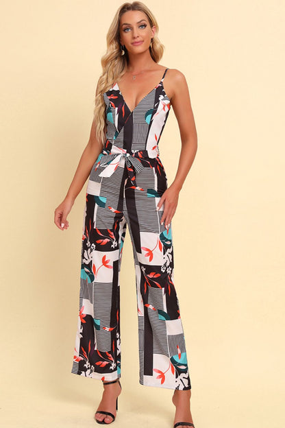 Printed Spaghetti Strap Tied Jumpsuit - Shimmervee