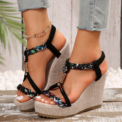 Braided Strap Wedge Sandals - Shimmervee