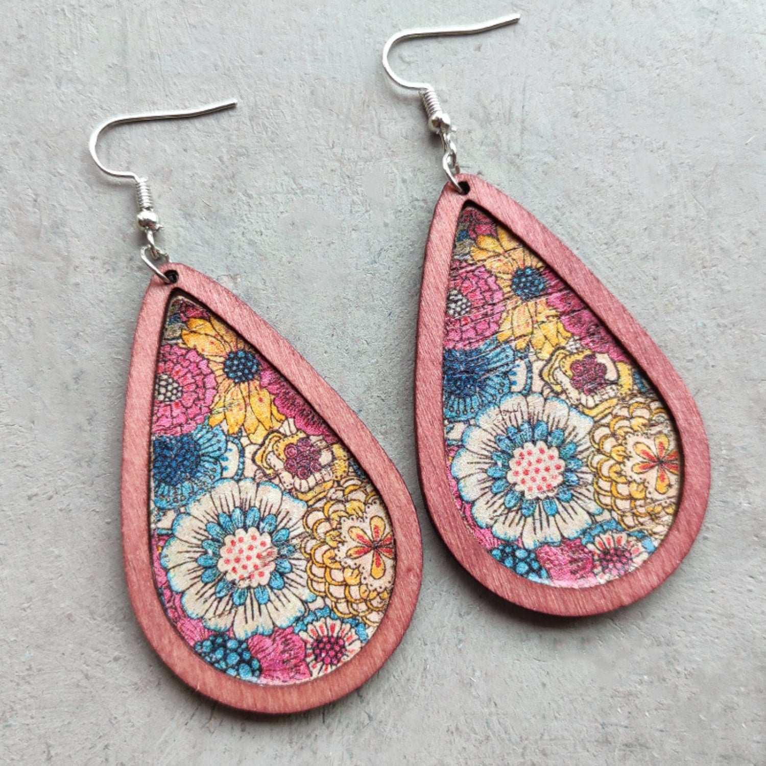 Floral Wood Teardrop Earrings - Shimmervee