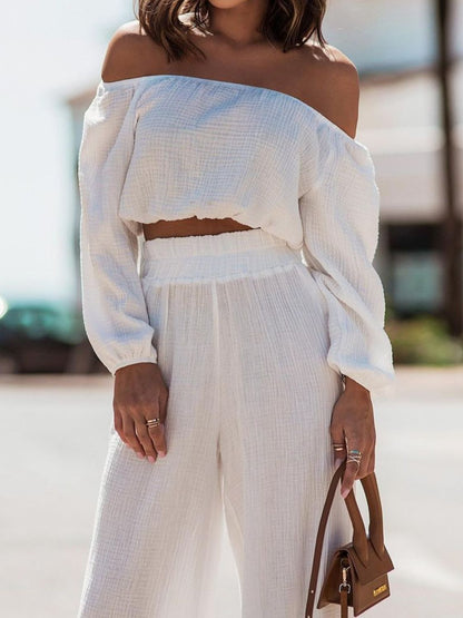 Off Shoulder Long Sleeve Top and Pants Set - Shimmervee