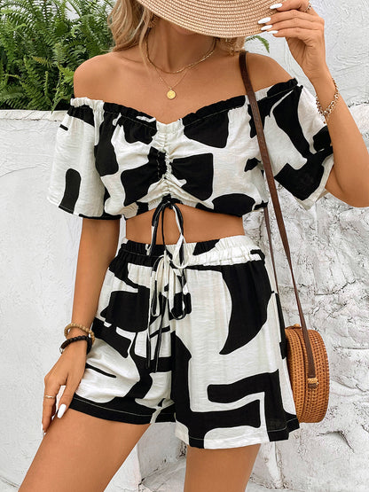 Perfee Drawstring Off-Shoulder Top and Shorts Set - Shimmervee