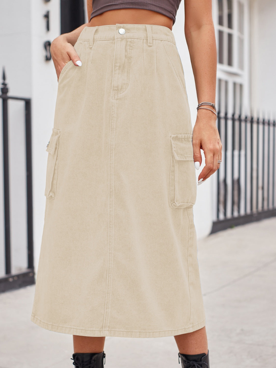 Slit Buttoned Denim Skirt with Pockets - Shimmervee