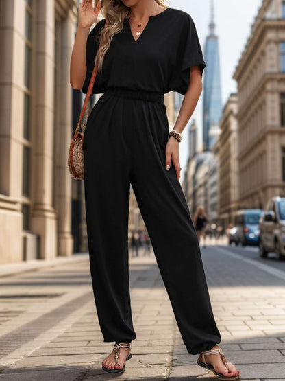 Perfee Notched Half Sleeve Straight Jumpsuit - Shimmervee