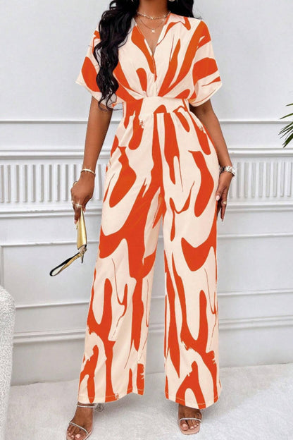 Printed V-Neck Short Sleeve Wide Leg Jumpsuit - Shimmervee