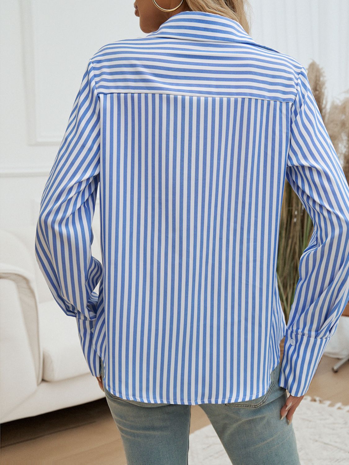 Devine Pocketed Striped Collared Neck Long Sleeve Shirt