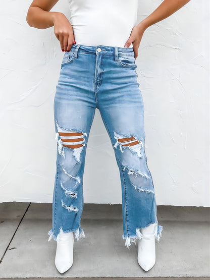 Distressed Raw Hem Jeans with Pockets