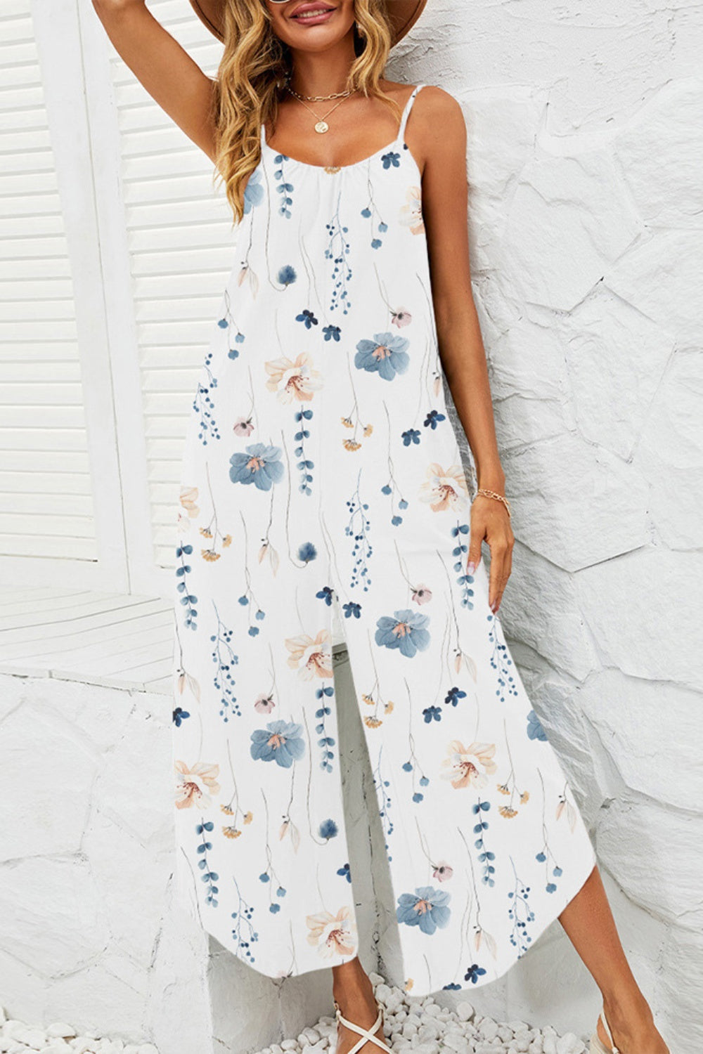 Shiny Printed Scoop Neck Wide Leg Jumpsuit