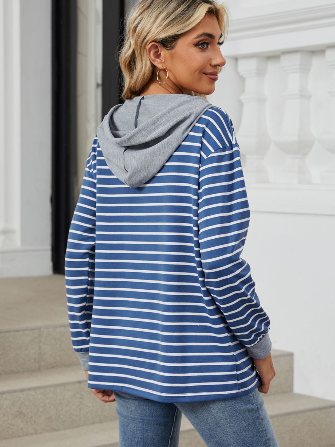 Drawstring Striped Long Sleeve Hoodie - Shimmervee