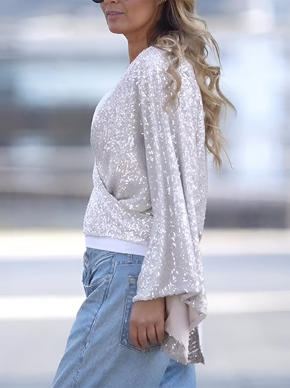 Tied Sequin Surplice Flare Sleeve Blouse