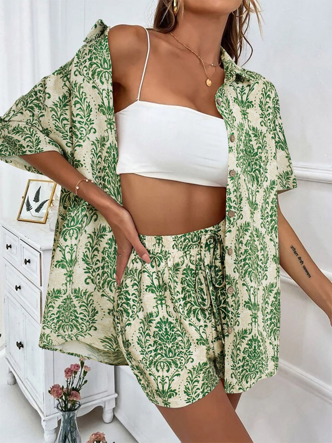 Printed Button Up Top and Shorts Set - Shimmervee