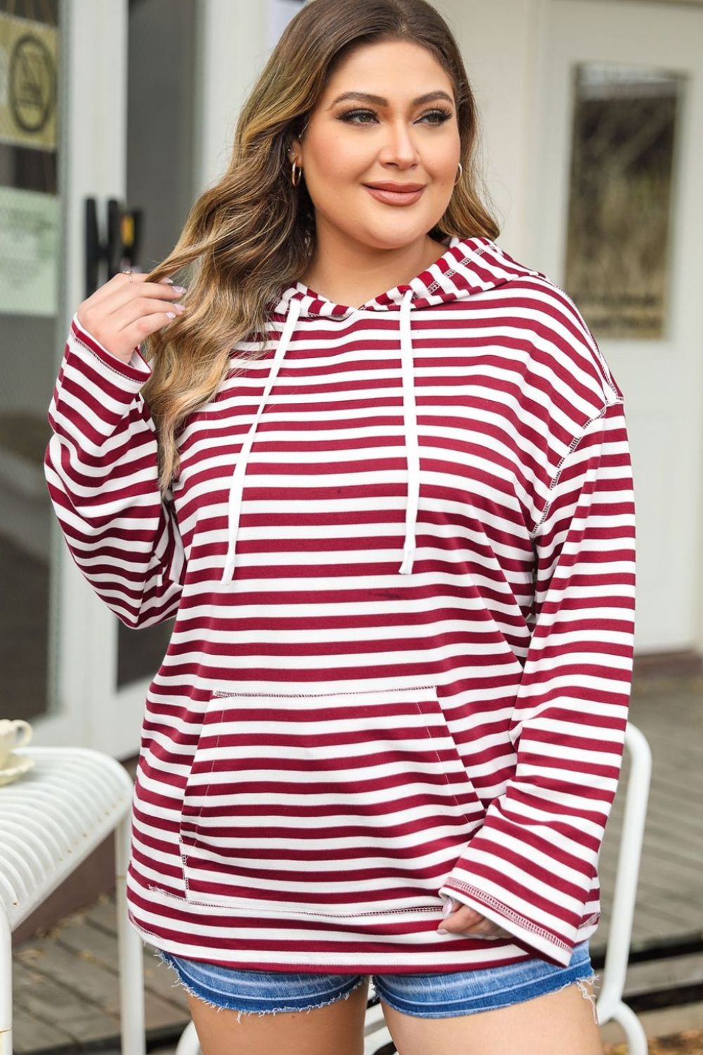 Plus Size Drawstring Striped Dropped Shoulder Hoodie