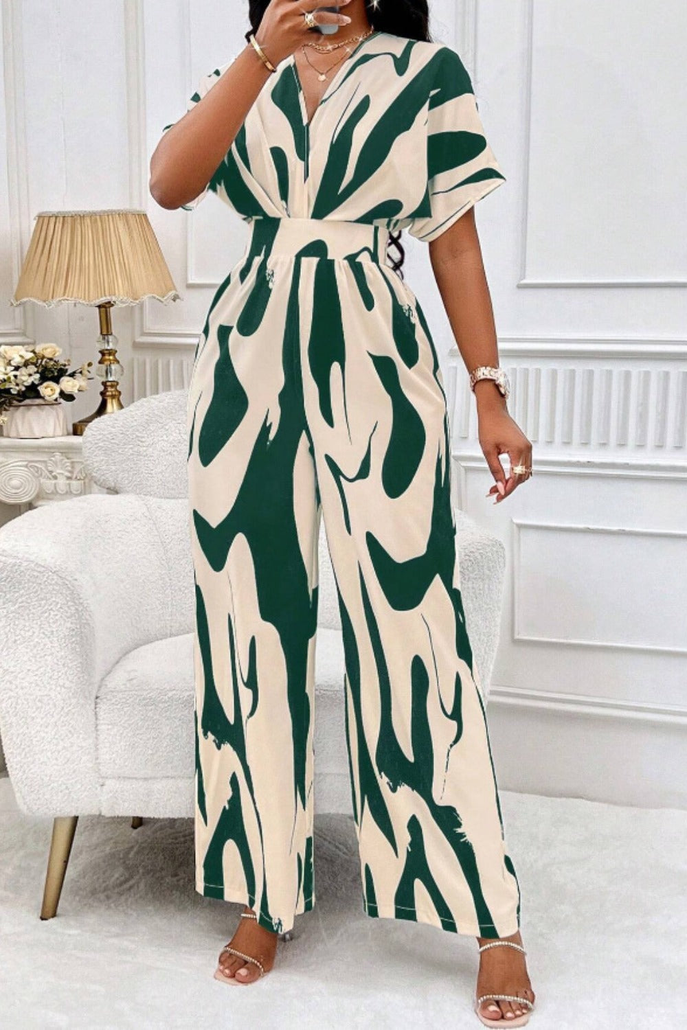 Printed V-Neck Short Sleeve Wide Leg Jumpsuit - Shimmervee