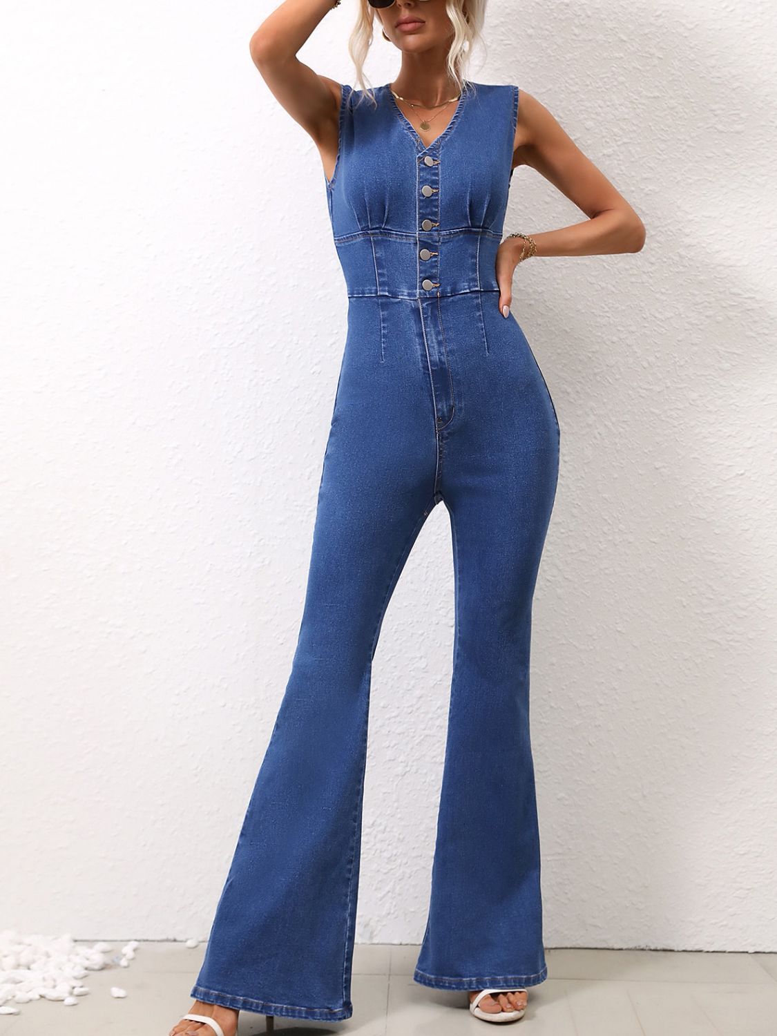 V-Neck Sleeveless Denim Jumpsuit - Shimmervee