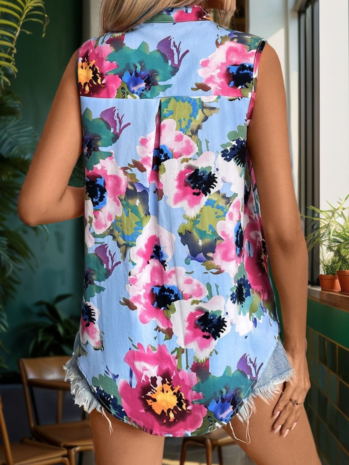 Perfee Printed Round Neck Sleeveless Blouse