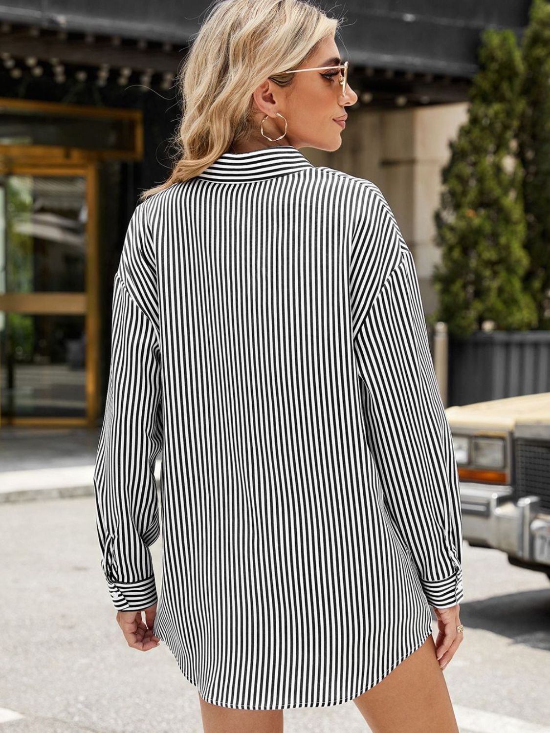 Pocketed Striped Collared Neck Long Sleeve Shirt - Shimmervee