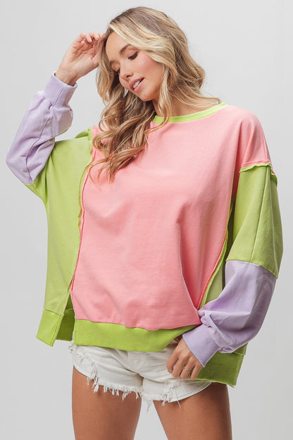 BiBi Washed Color Block Sweatshirt - Shimmervee