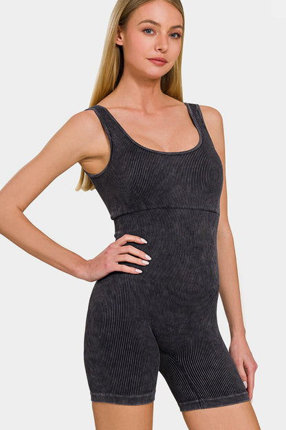 Zenana Washed Ribbed Romper with Pad - Shimmervee