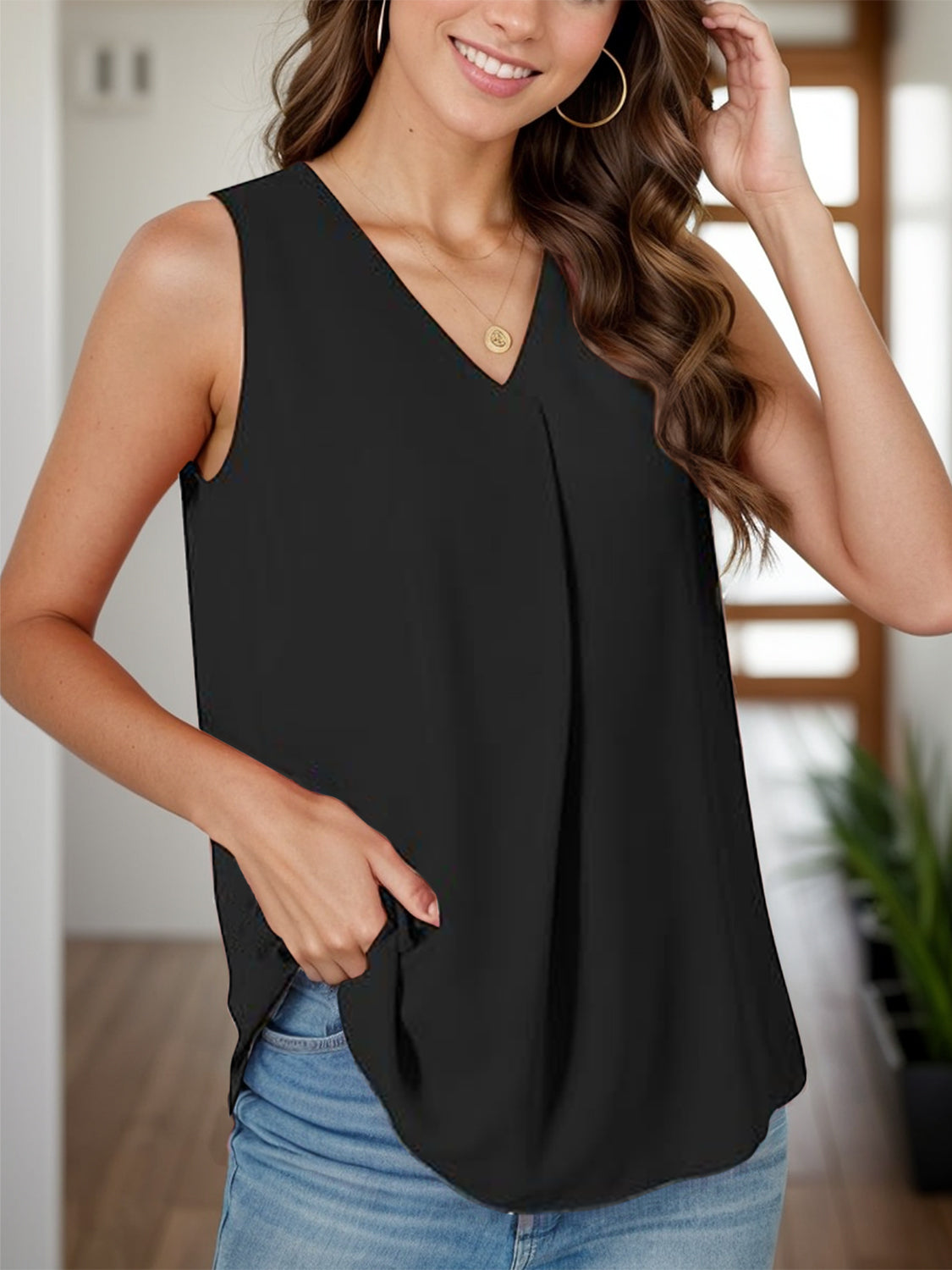 Full Size Ruched V-Neck Tank