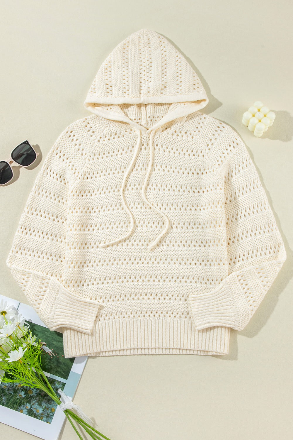 Openwork Drawstring Long Sleeve Hooded Knit Cover Up