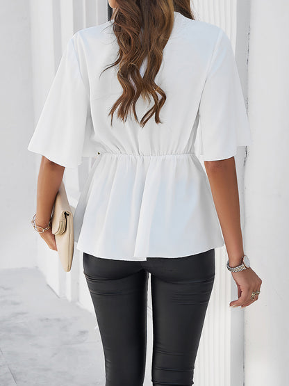 Devine Surplice Tie Waist Half Sleeve Blouse