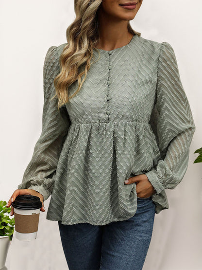 Perfee Peplum Round Neck Long Sleeve Blouse