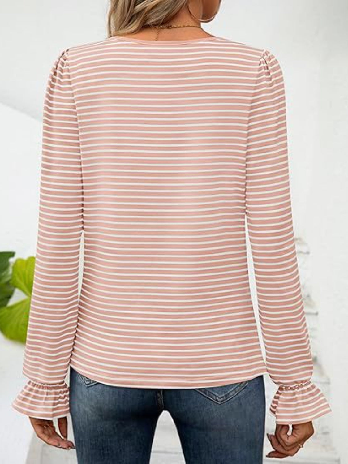 Striped Square Neck Flounce Sleeve Top - Shimmervee