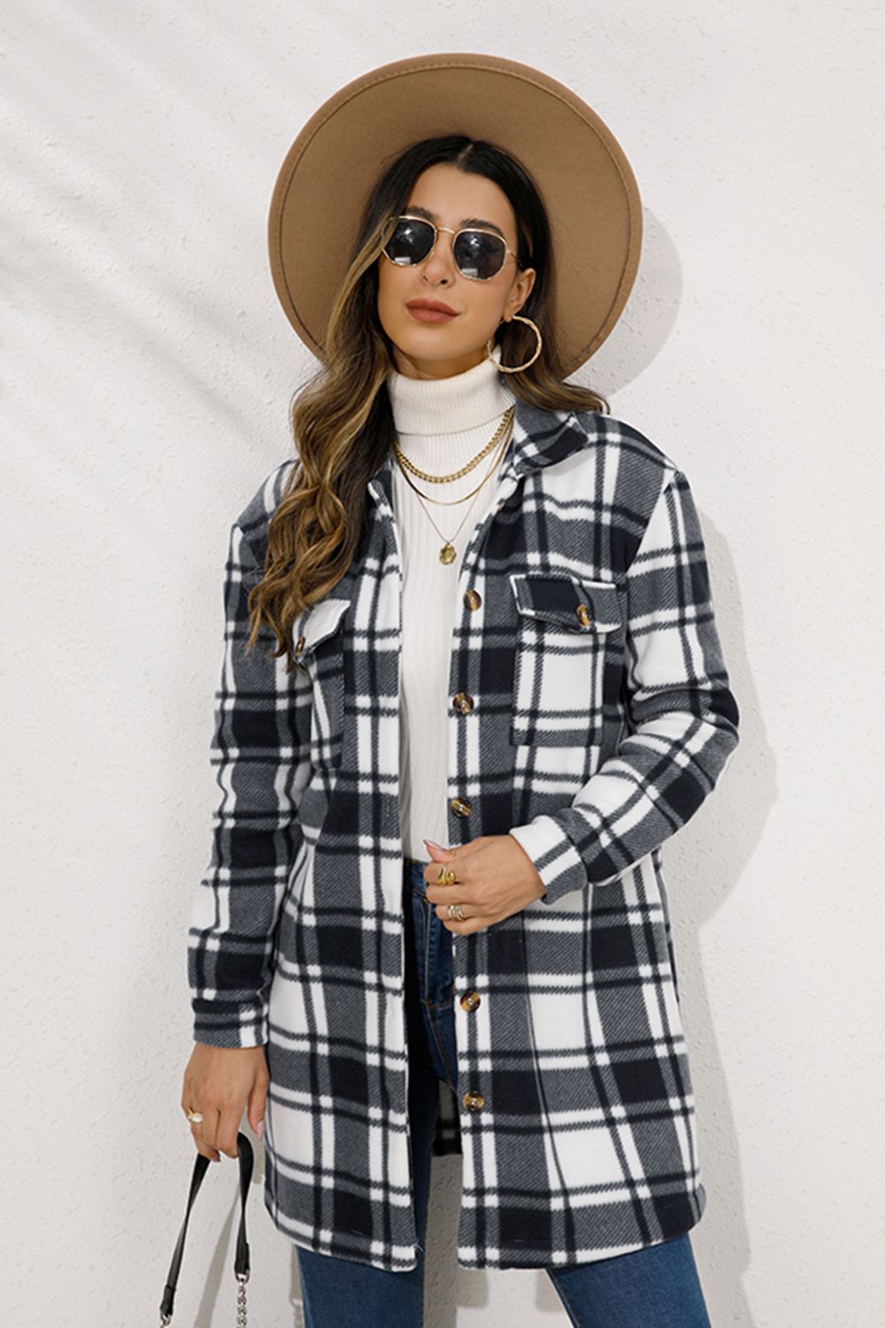 Shiny Plaid Collared Longline Coat - Shimmervee