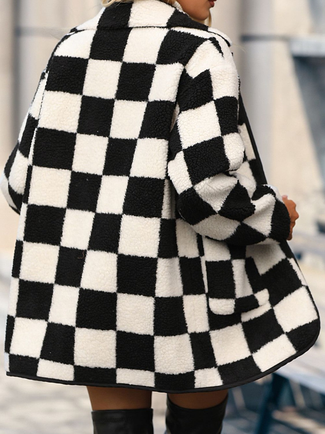 Double Take Full Size Checkered Button Front Coat with Pockets - Shimmervee