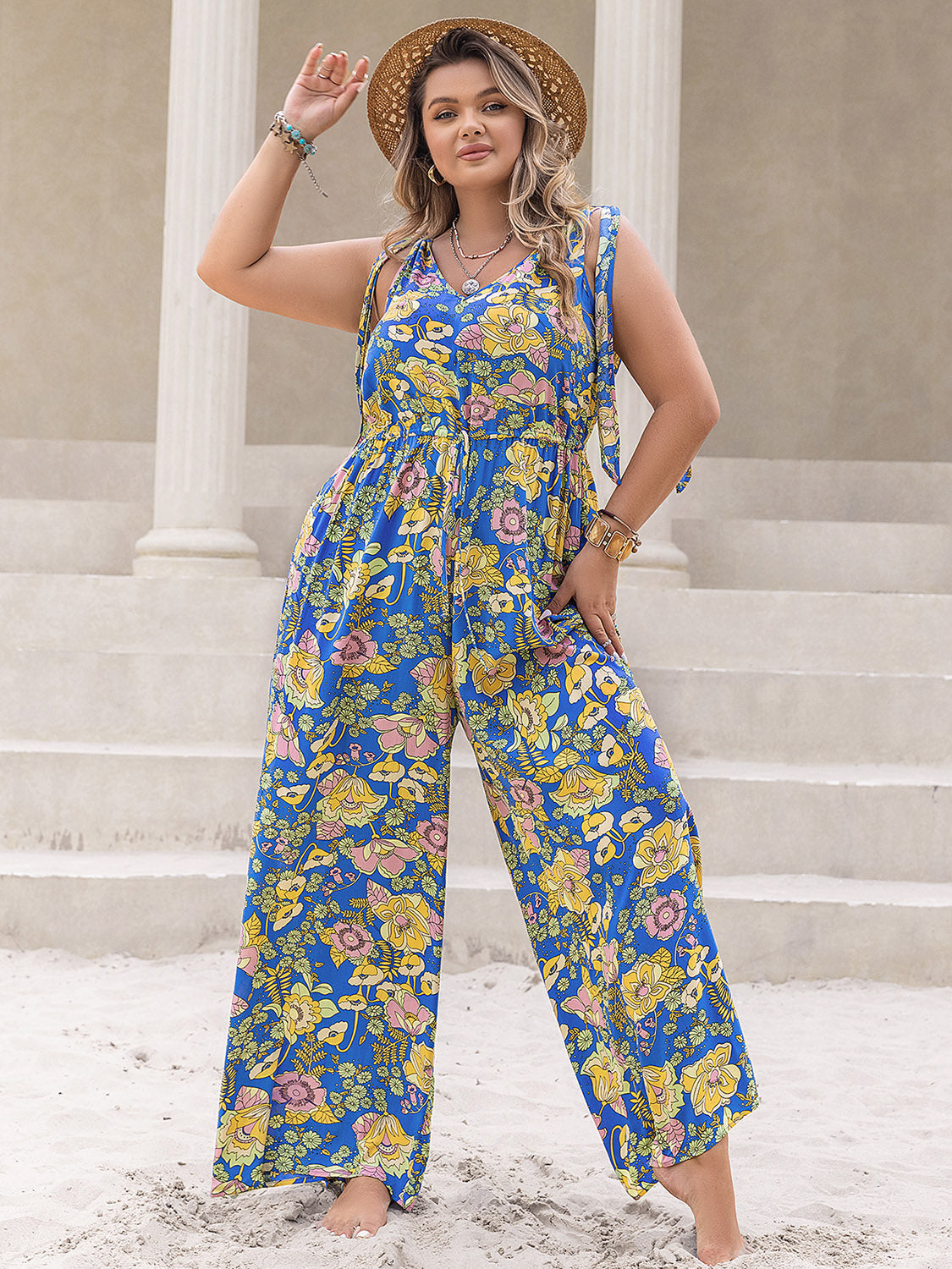 Plus Size Printed V-Neck Wide Leg Jumpsuit - Shimmervee