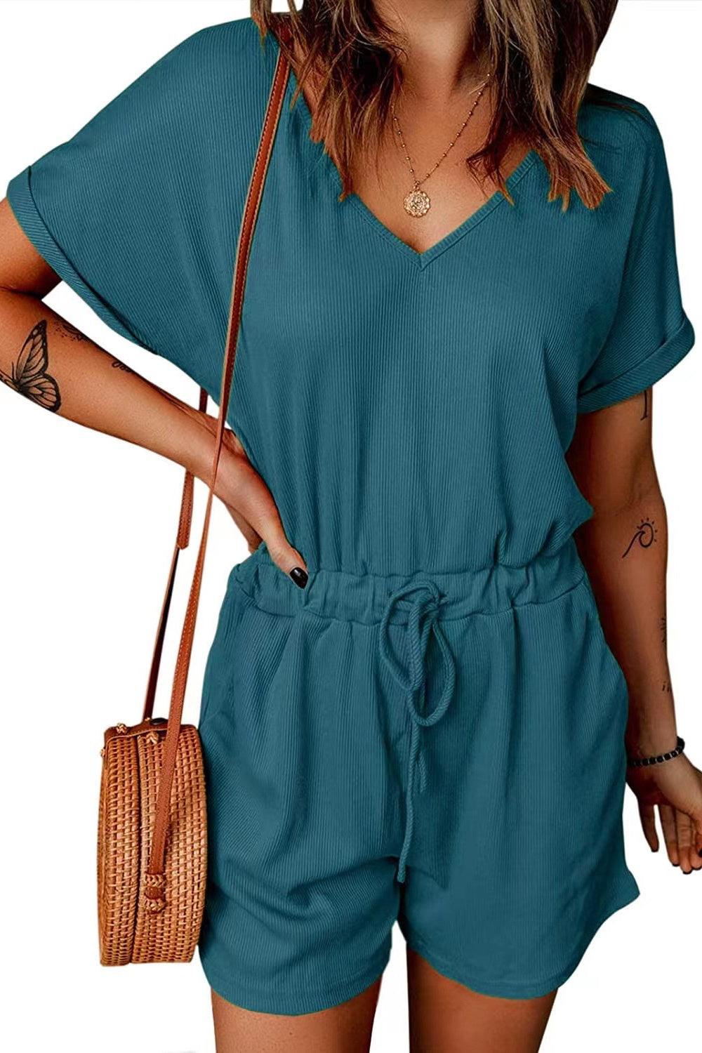 Full Size Drawstring V-Neck Short Sleeve Romper - Shimmervee