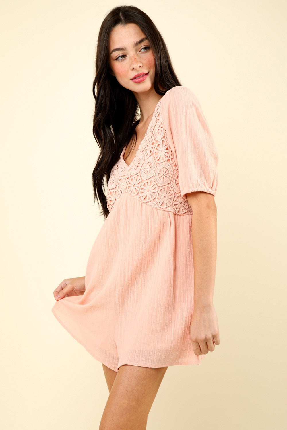 VERY J Lace Detail Puff Sleeve Romper with Pockets - Shimmervee