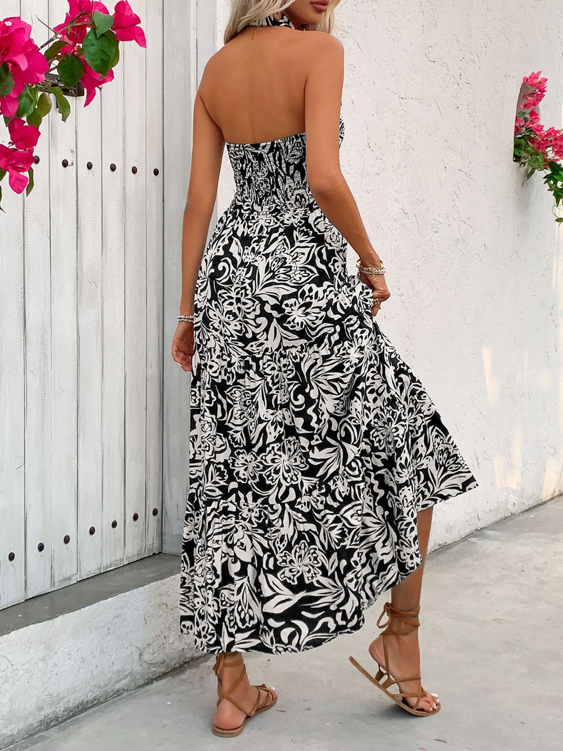 Perfee Backless Smocked Printed Sleeveless Midi Dress